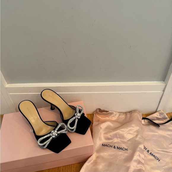 Mach & Mach satin mule sandals with double crystal bow accent. - Picture 5 of 8